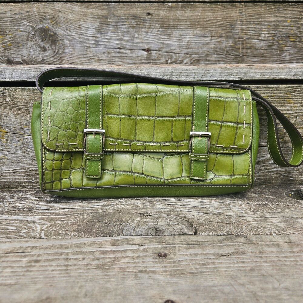 Vintage Y2K Peck & Peck Green Croc Leather Convertible Shoulder Bag Clutch 10 in